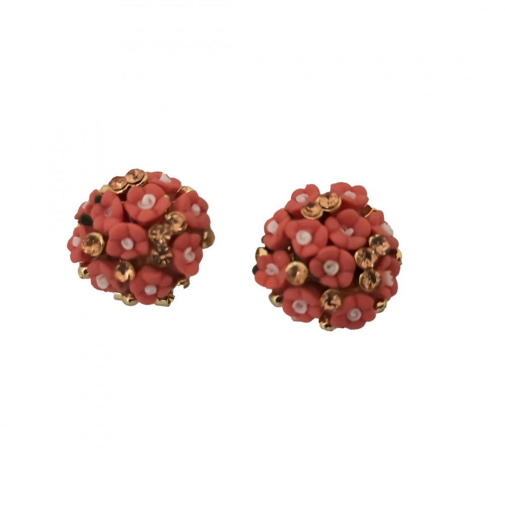 Generic Women's Metal White Ceramic And Stones Gold Plated Stud (Peach)