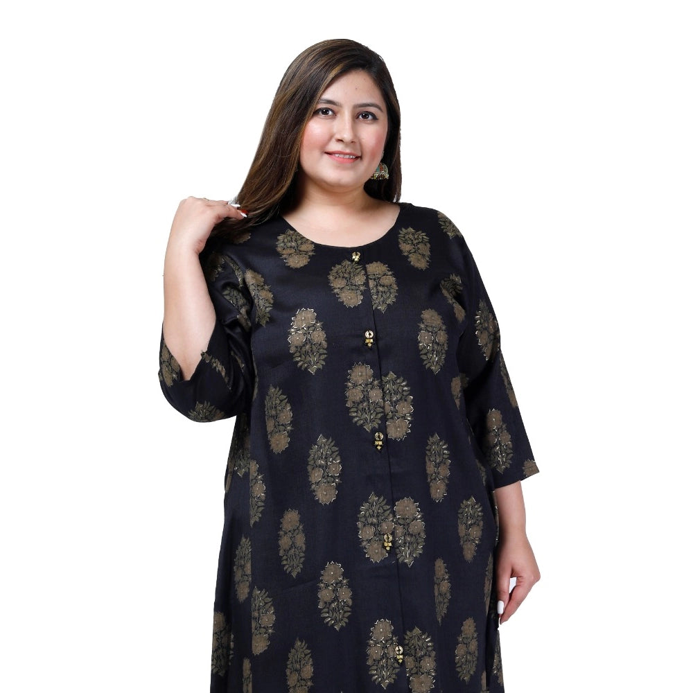 Generic Women's Office wear Golden Foil Capsule A-Line Kurti (Black)