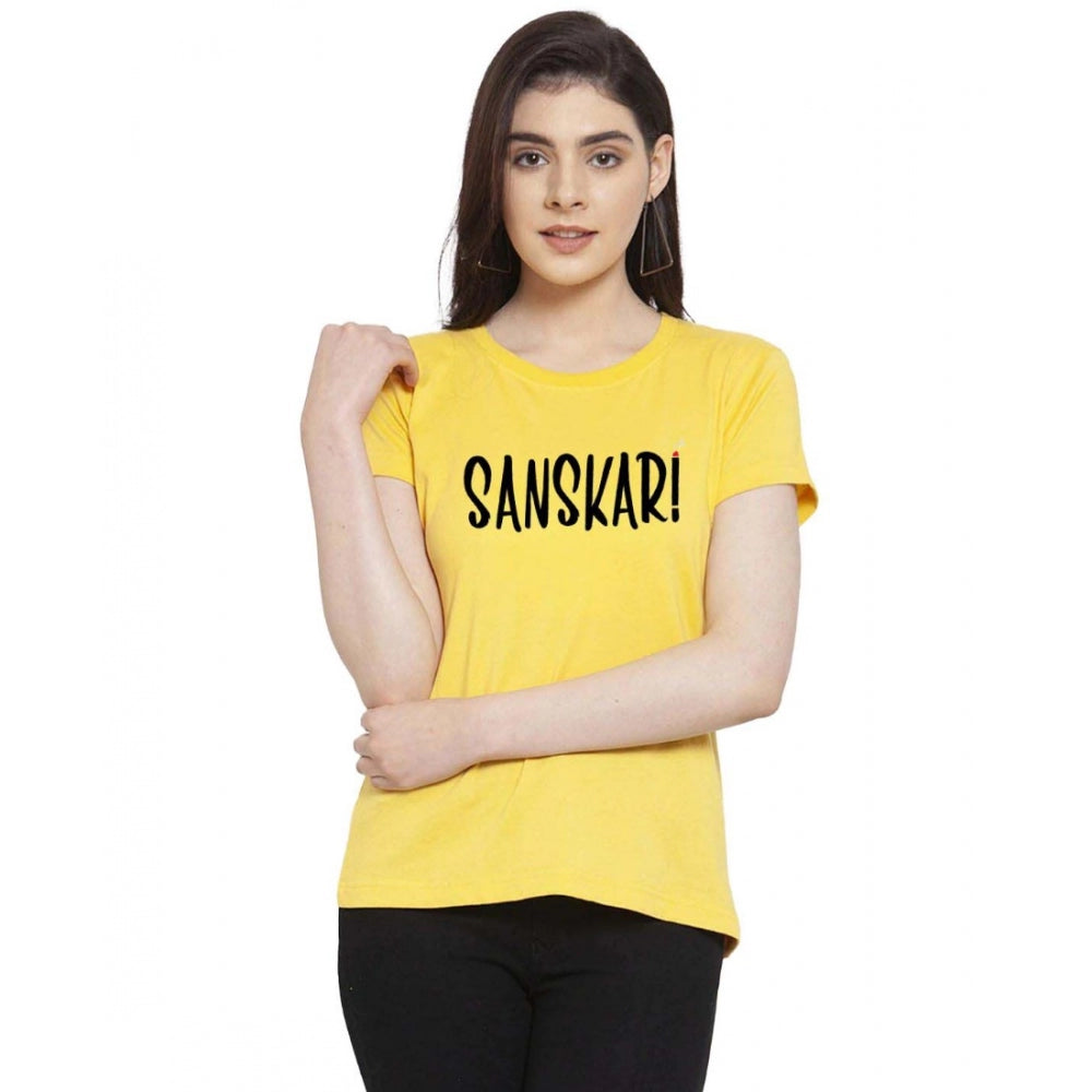 Generic Women's Cotton Blend Sanskari Printed T-Shirt (Yellow)