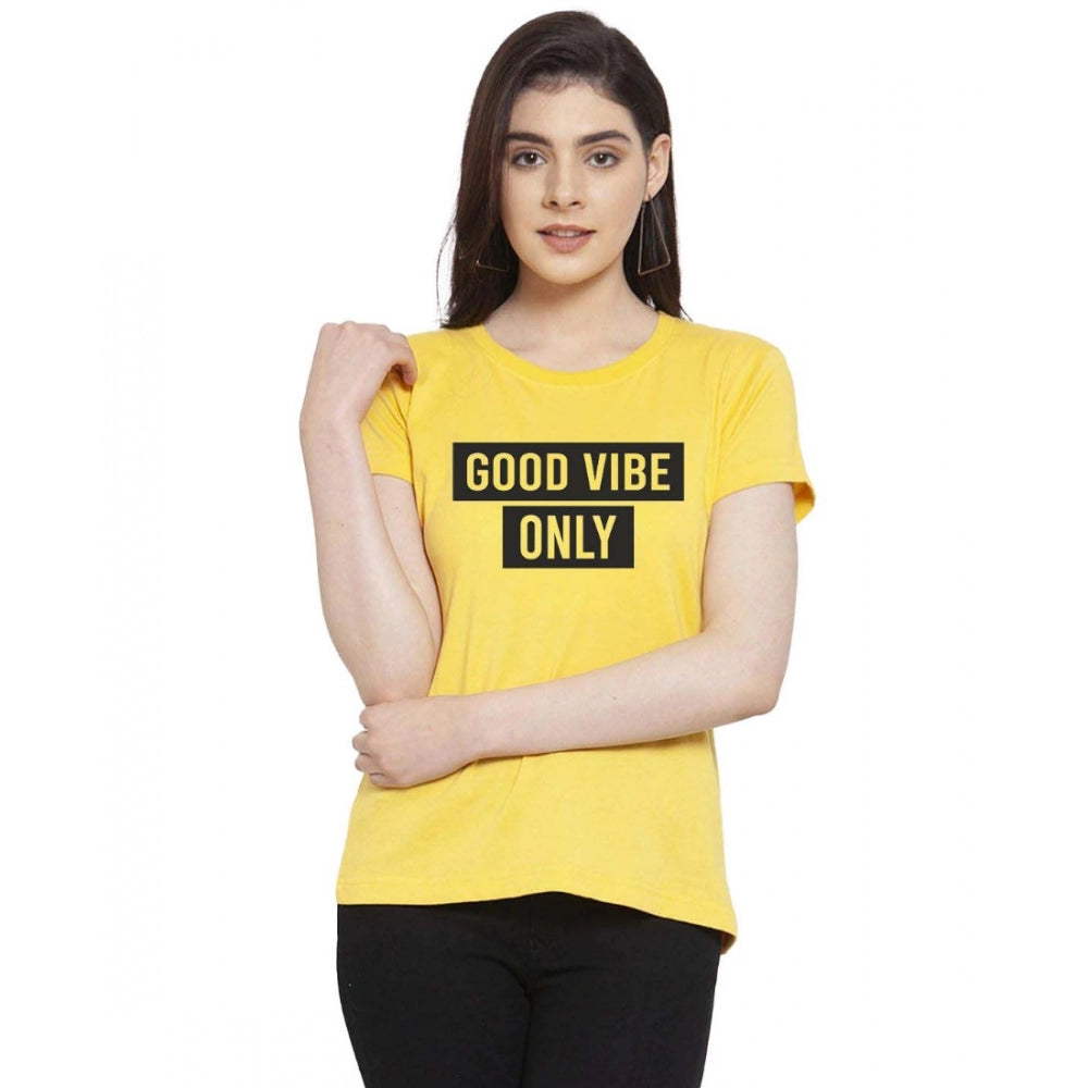 Generic Women's Cotton Blend Good Vibe Only Printed T-Shirt (Yellow)