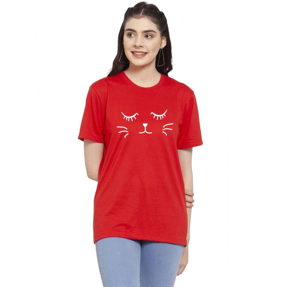 Generic Women's Cotton Blend Graphic Cat Printed T-Shirt (Red)