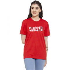 Generic Women's Cotton Blend Sanskari Printed T-Shirt (Red)