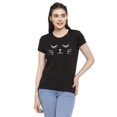 Generic Women's Cotton Blend Graphic Cat Printed T-Shirt (Black)