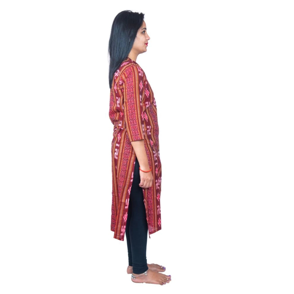 Generisches, gerades Kurti aus reiner, handgewebter Sambalpuri-Baumwolle für Damen (Kastanienbraun)