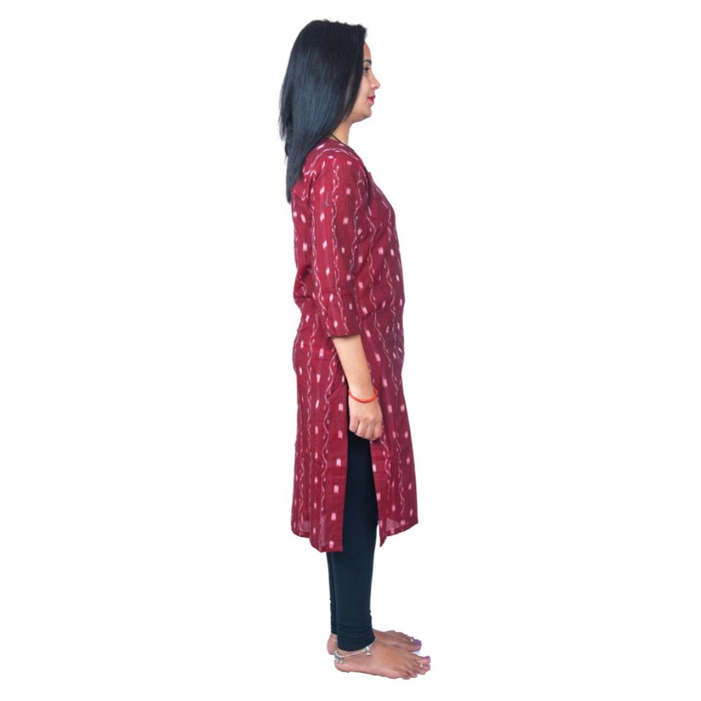 Generisches, gerades Kurti aus reiner, handgewebter Sambalpuri-Baumwolle für Damen (Kastanienbraun)