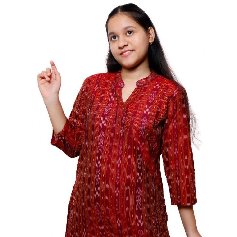 Generisches gerades Kurti aus zertifizierter handgewebter Sambalpuri-Baumwolle für Damen (Kastanienbraun)