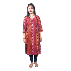 Generisches, gerades Kurti aus reiner, handgewebter Sambalpuri-Baumwolle für Damen (Kastanienbraun)