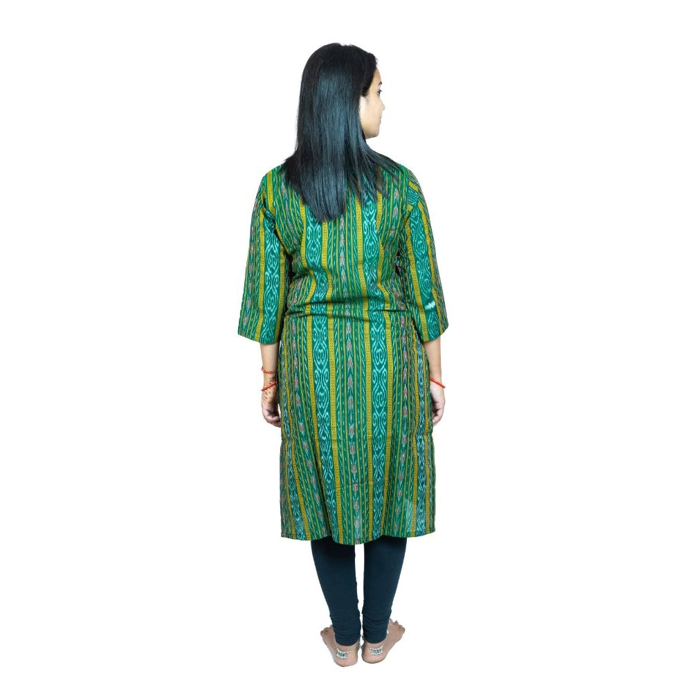 Generisches, gerades Kurti aus reiner, handgewebter Sambalpuri-Baumwolle für Damen (grün)