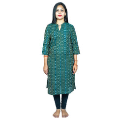 Generisches, gerades Kurti aus reiner, handgewebter Sambalpuri-Baumwolle für Damen (grün)