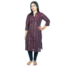 Generic Women's Sambalpuri Certified Handloom Pure Cotton Straight Kurti (Brown)