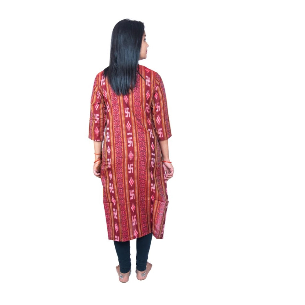 Generisches, gerades Kurti aus reiner, handgewebter Sambalpuri-Baumwolle für Damen (Kastanienbraun)