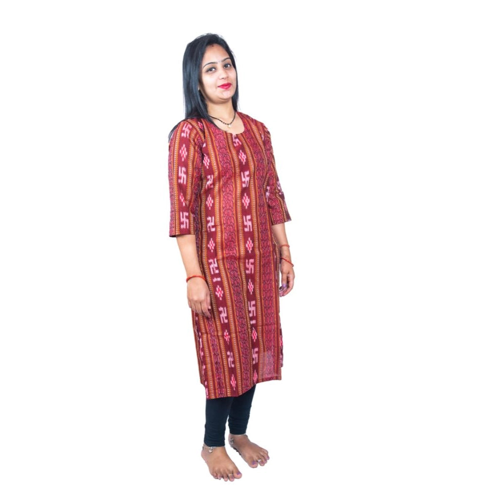 Generisches, gerades Kurti aus reiner, handgewebter Sambalpuri-Baumwolle für Damen (Kastanienbraun)