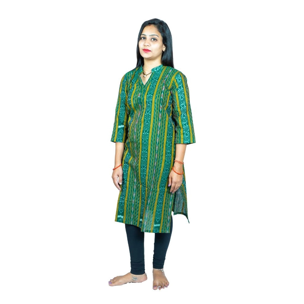 Generisches, gerades Kurti aus reiner, handgewebter Sambalpuri-Baumwolle für Damen (grün)