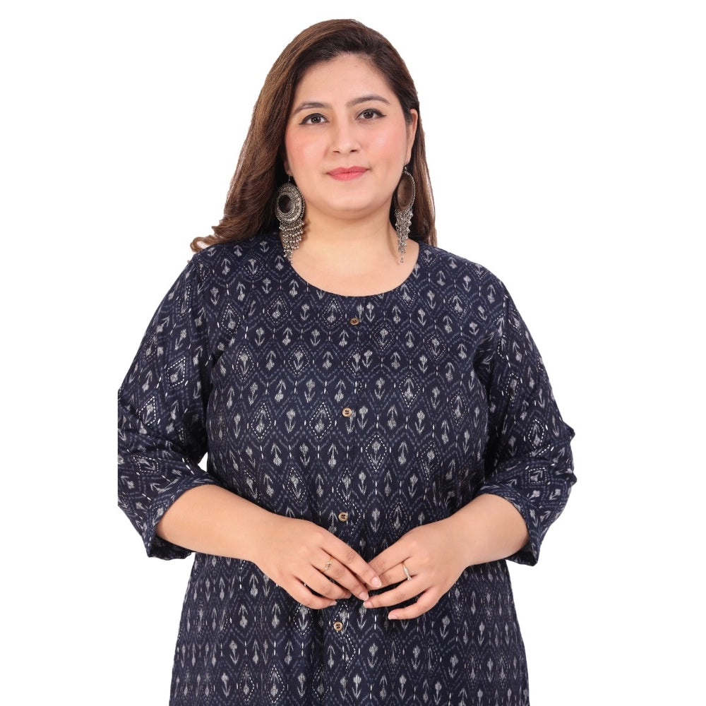 Generic Women's Office wear Floral Printed Capsule A-Line Kurti (Navy Blue)