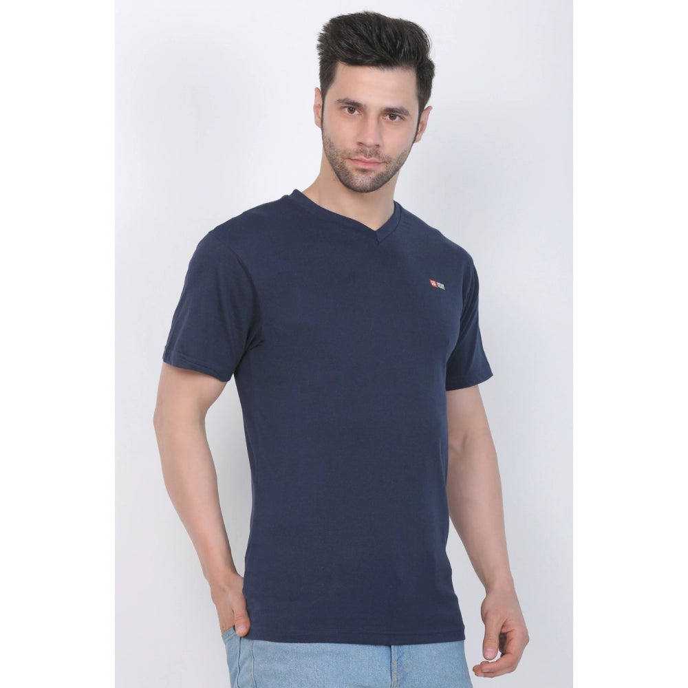 Generisches Herren-T-Shirt aus Baumwolljersey mit V-Ausschnitt, einfarbig (Marineblau)