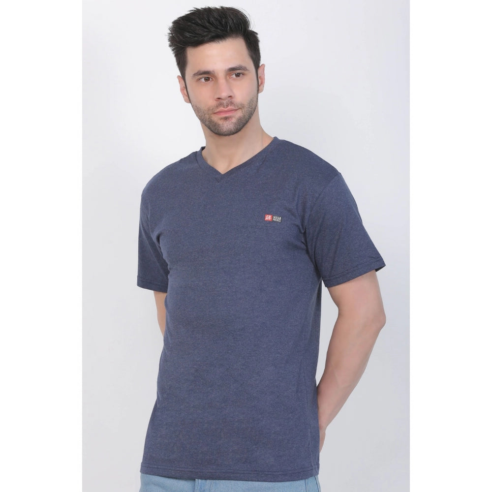 Generisches Herren-T-Shirt aus Baumwolljersey mit V-Ausschnitt, einfarbig (Blau meliert)