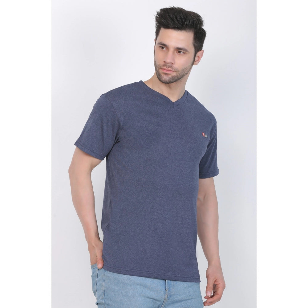 Generisches Herren-T-Shirt aus Baumwolljersey mit V-Ausschnitt, einfarbig (Blau meliert)