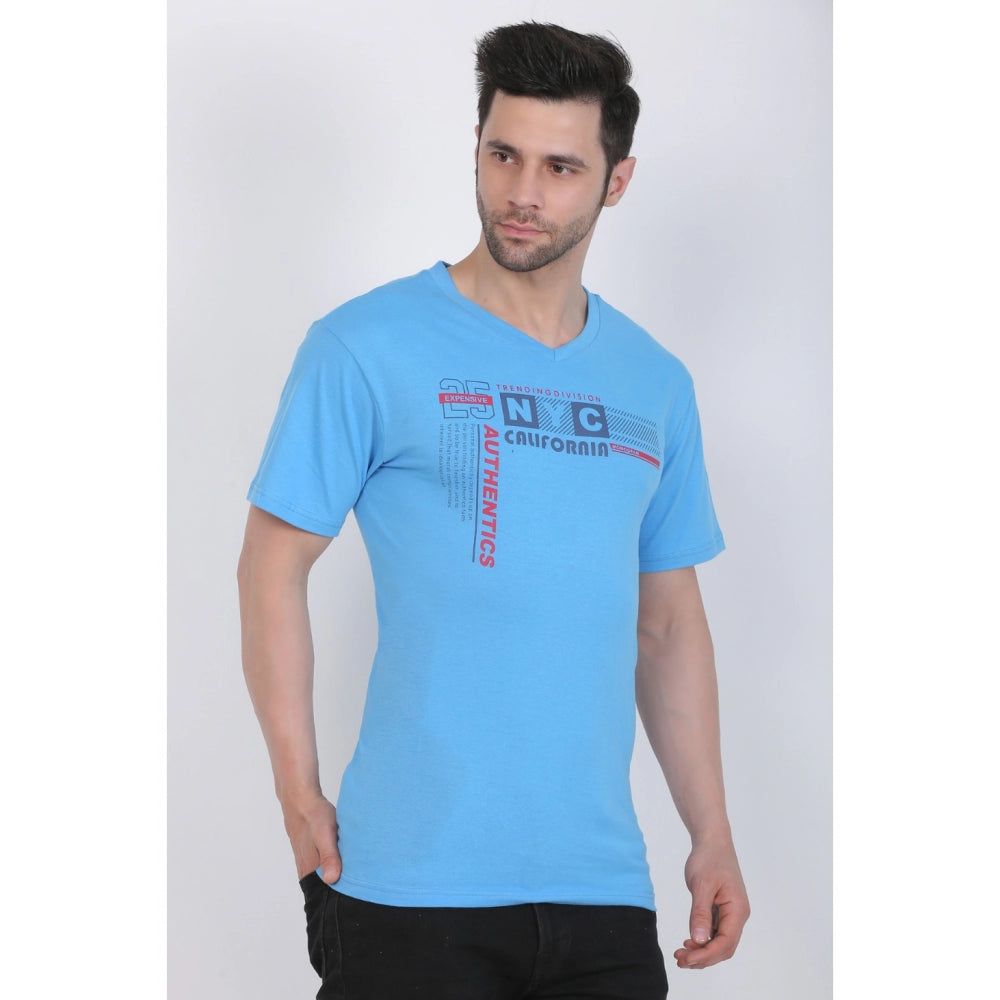 Generic Men's Cotton Jersey V Neck Printed Tshirt (Turquoise Blue)