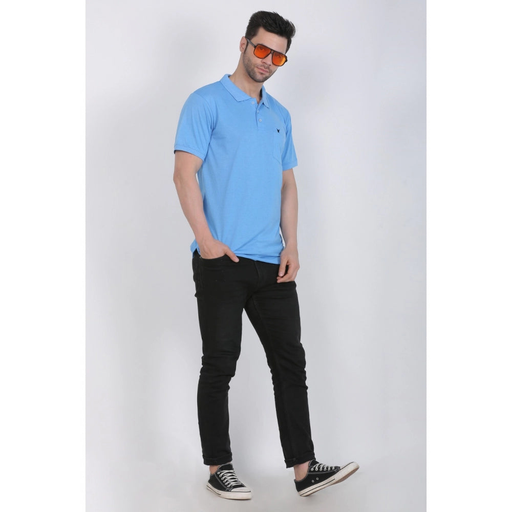 Generic Men's Poly Viscose Polo Plain Tshirt (Blue Melange)