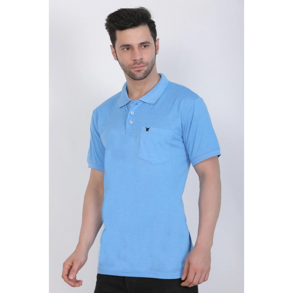 Generic Men's Poly Viscose Polo Plain Tshirt (Blue Melange)