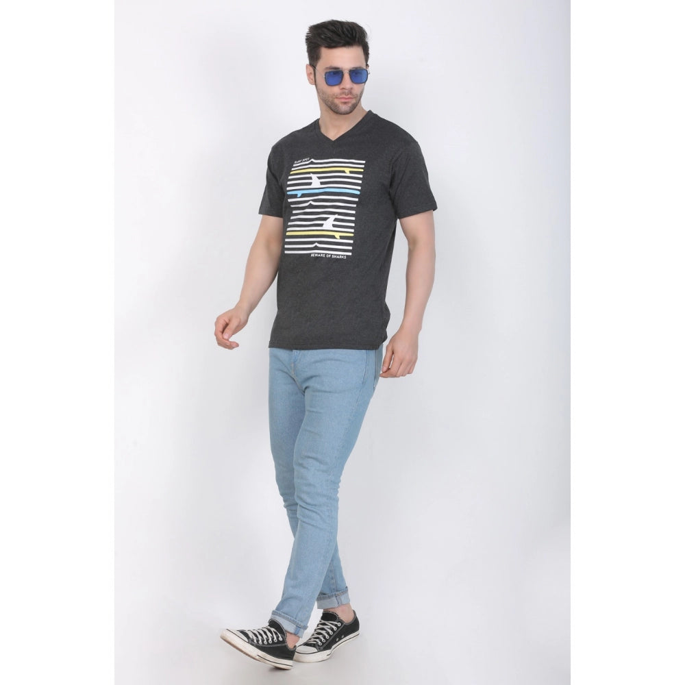 Generisches bedrucktes T-Shirt aus Baumwolljersey mit V-Ausschnitt für Herren (Anthrazit-Melange)