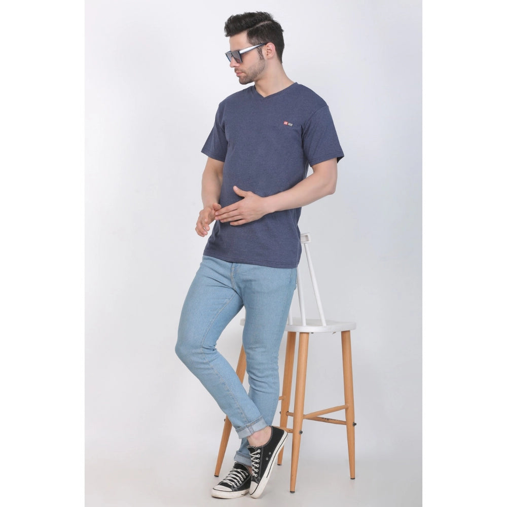 Generic Men's Cotton Jersey V Neck Plain Tshirt (Blue Melange)