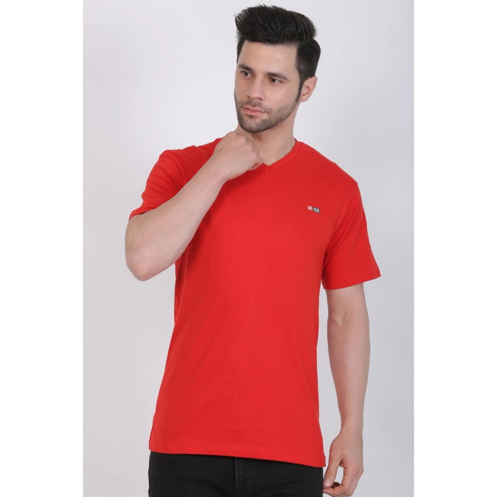 Generisches Herren-T-Shirt aus Baumwolljersey mit V-Ausschnitt, einfarbig (rot)