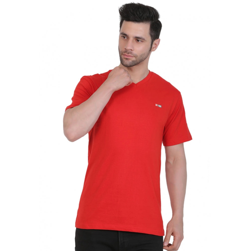 Generisches Herren-T-Shirt aus Baumwolljersey mit V-Ausschnitt, einfarbig (rot)