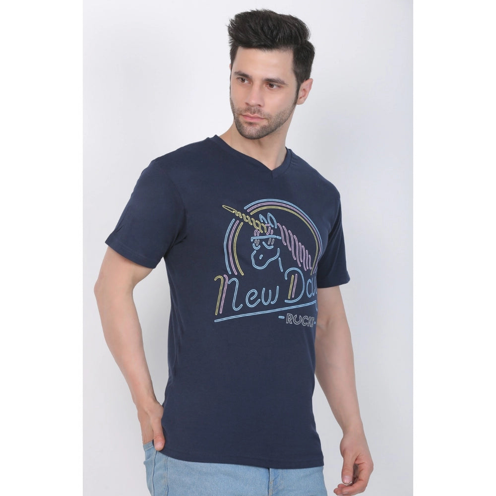 Generisches bedrucktes T-Shirt aus Baumwolljersey mit V-Ausschnitt für Herren (Marineblau)