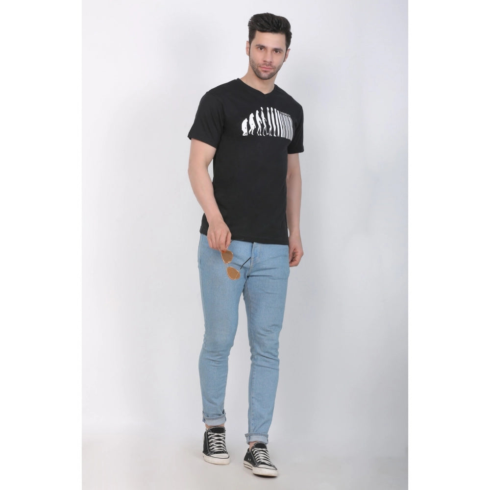 Generisches Herren-T-Shirt aus Baumwolljersey mit V-Ausschnitt und Aufdruck (Schwarz)