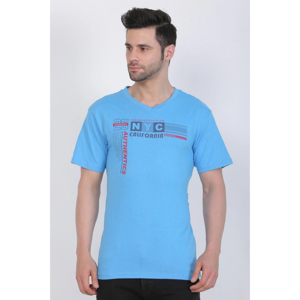 Generic Men's Cotton Jersey V Neck Printed Tshirt (Turquoise Blue)