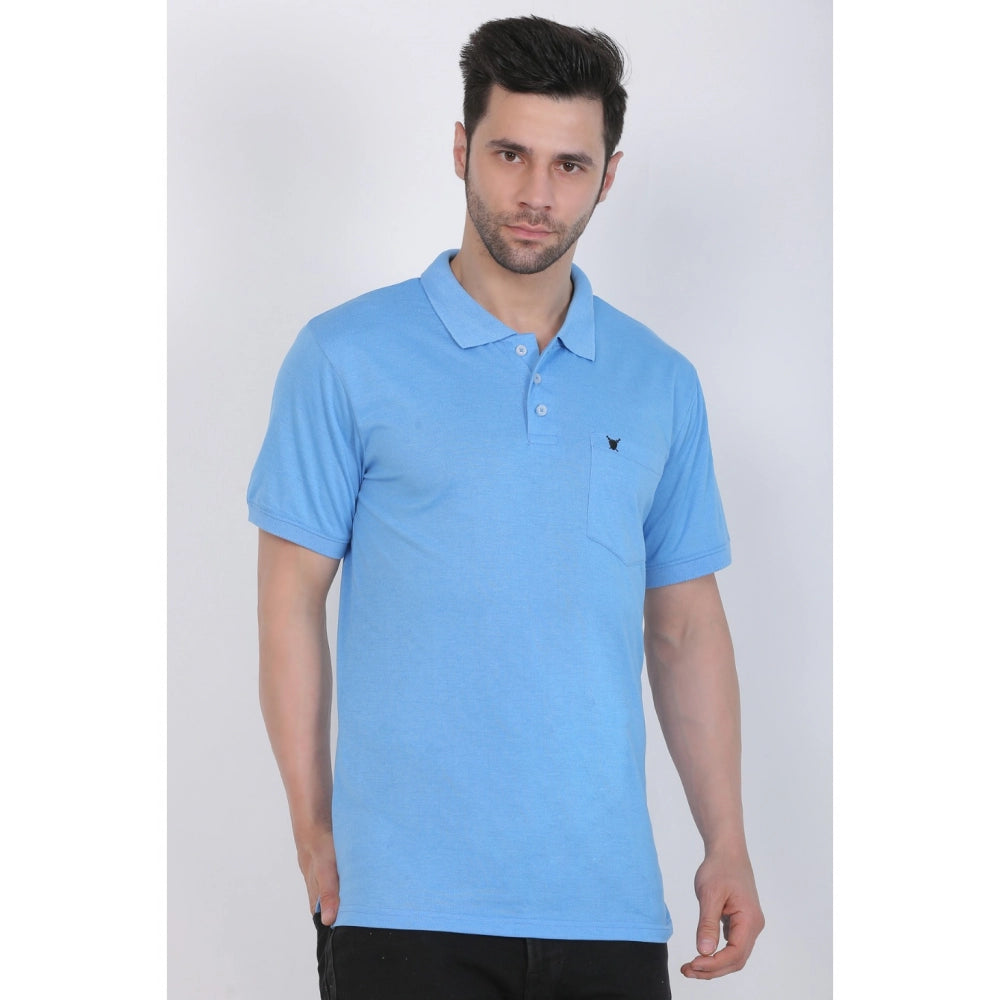 Generic Men's Poly Viscose Polo Plain Tshirt (Blue Melange)