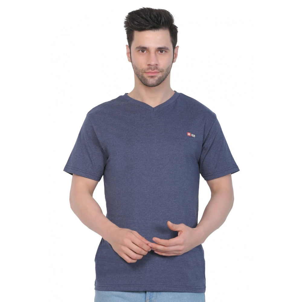 Generisches Herren-T-Shirt aus Baumwolljersey mit V-Ausschnitt, einfarbig (Blau meliert)