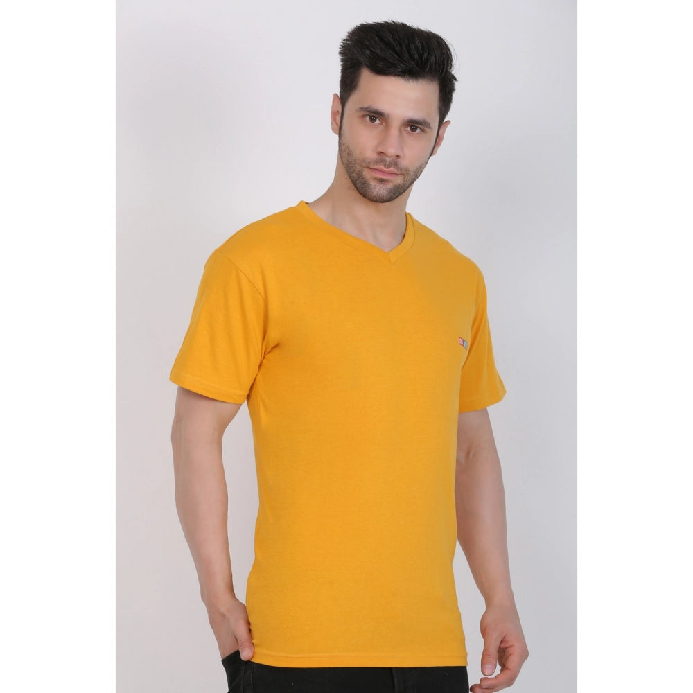 Generisches Herren-T-Shirt aus Baumwolljersey mit V-Ausschnitt, einfarbig (Senfgelb)