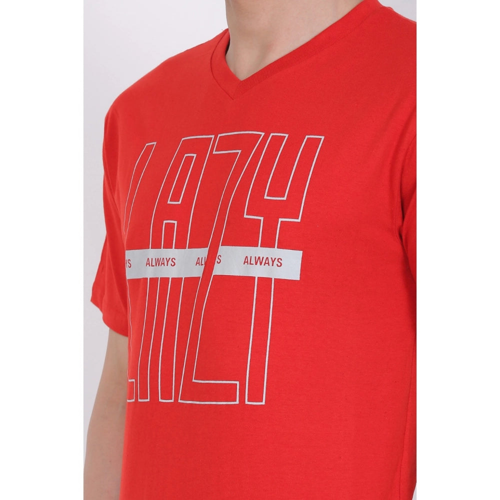 Generisches Herren-T-Shirt aus Baumwolljersey mit V-Ausschnitt und Aufdruck (Rot)