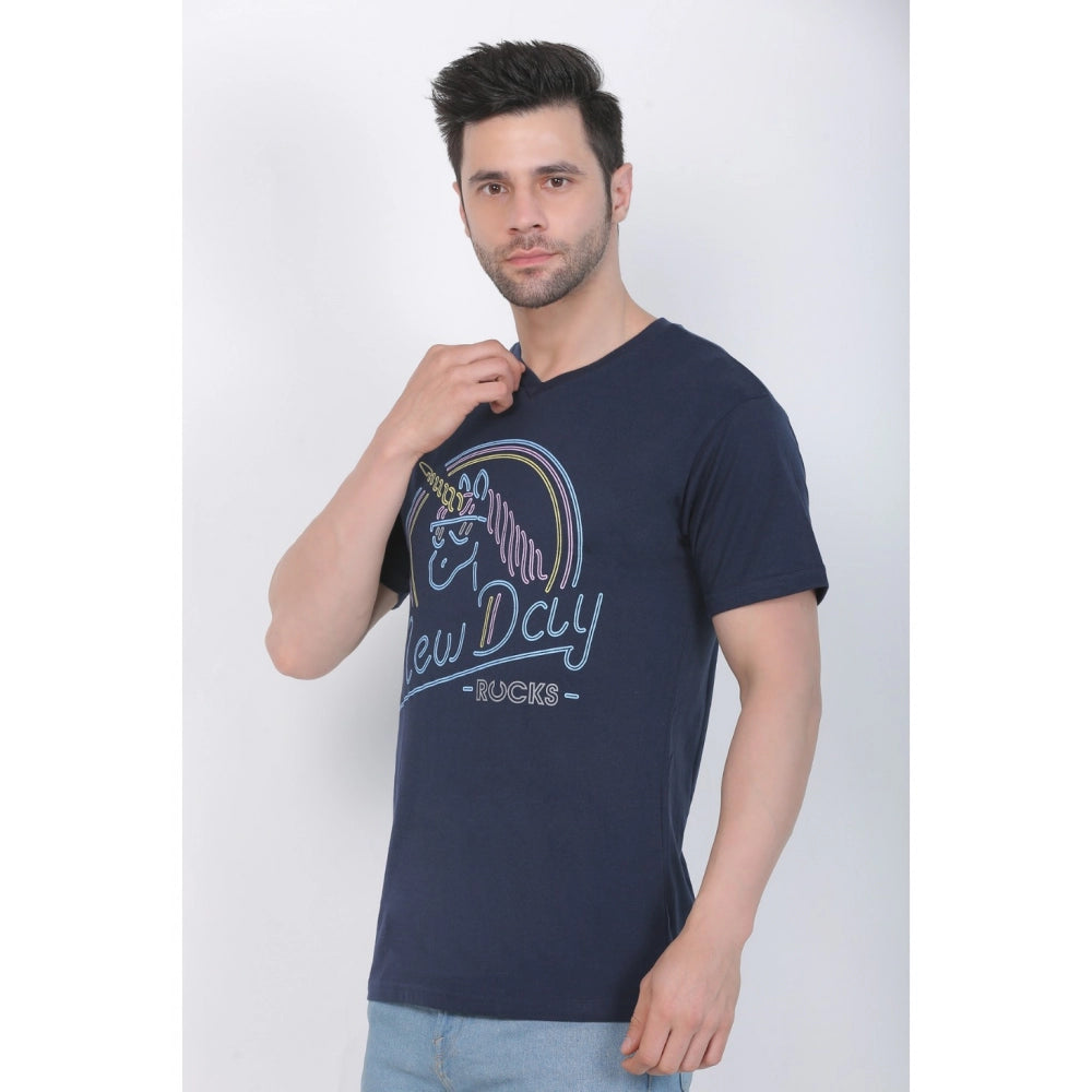 Generisches bedrucktes T-Shirt aus Baumwolljersey mit V-Ausschnitt für Herren (Marineblau)