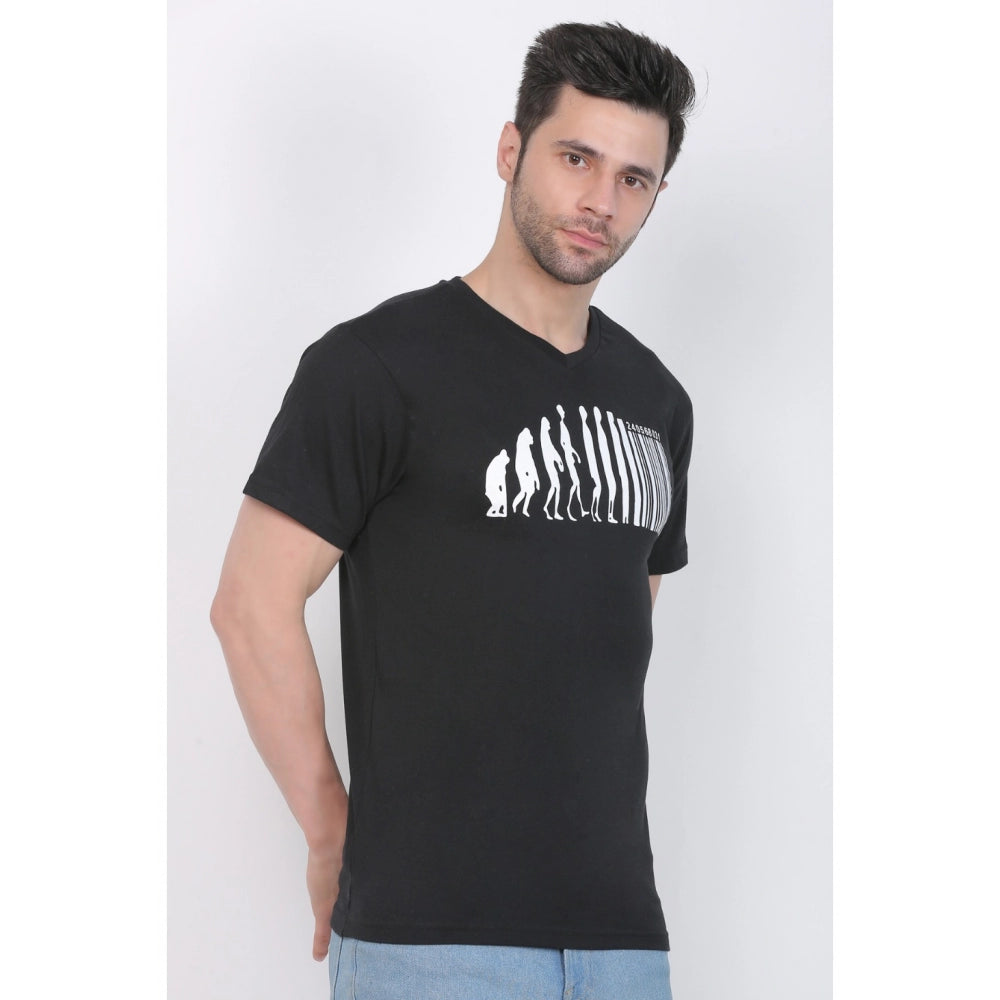 Generisches Herren-T-Shirt aus Baumwolljersey mit V-Ausschnitt und Aufdruck (Schwarz)