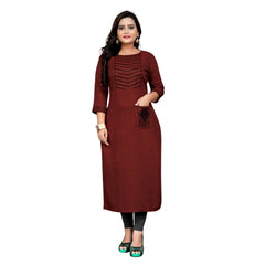 Generic Women's Cotton Embroidery Straight Kurti (Maroon)