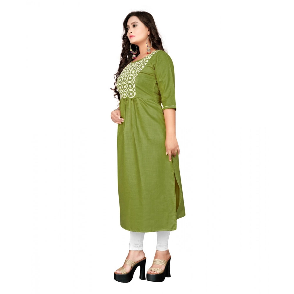 Generic Women's Cotton Embroidery Straight Kurti (Light Green)