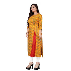 Generic Women's Cotton Print with Foil Frontslit Kurti (Mustard Yellow)