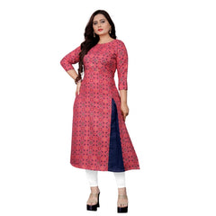 Generic Women's Cotton Print with Foil Frontslit Kurti (Pink)