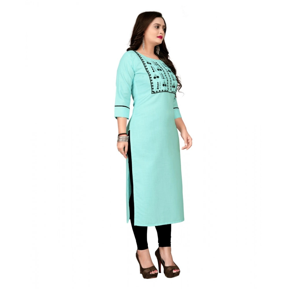 Generic Women's Cotton Embroidery Straight Kurti (Light Blue)