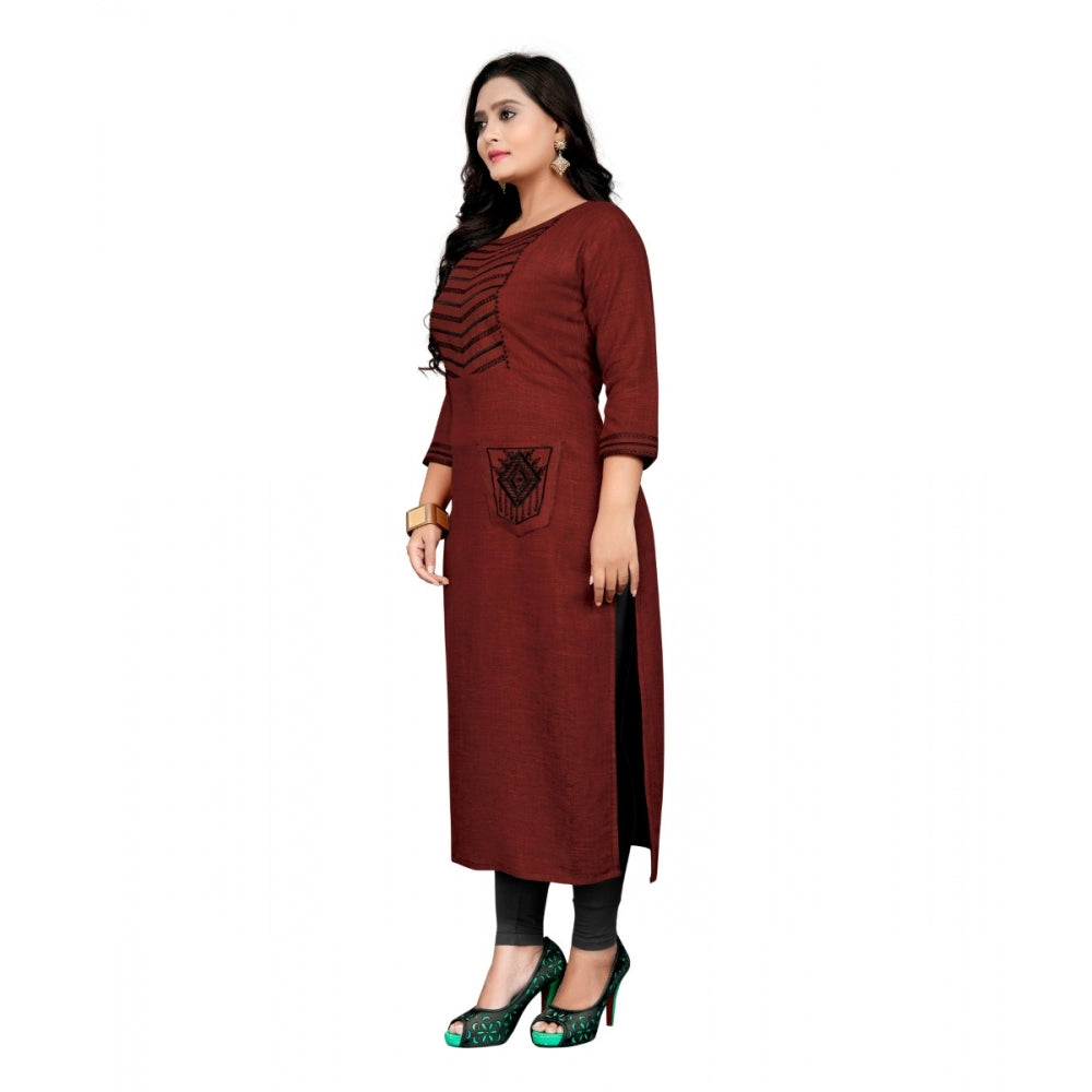 Generic Women's Cotton Embroidery Straight Kurti (Maroon)