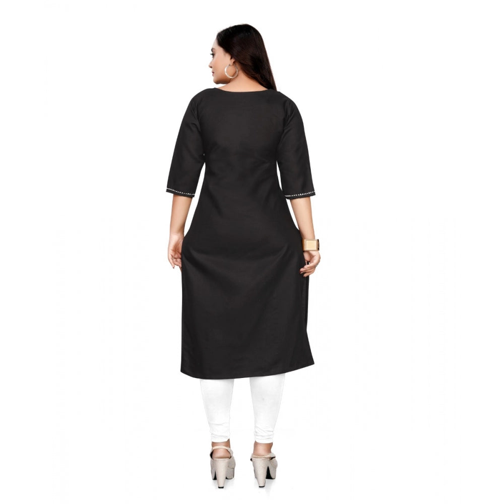 Generic Women's Cotton Soild A-Line Kurti (Black)