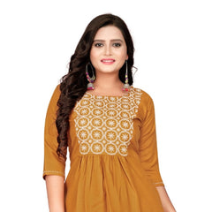 Generic Women's Cotton Embroidery Straight Kurti (Mustard Yellow)