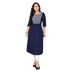 Generic Women's Cotton Embroidery Straight Kurti (Navy Blue)