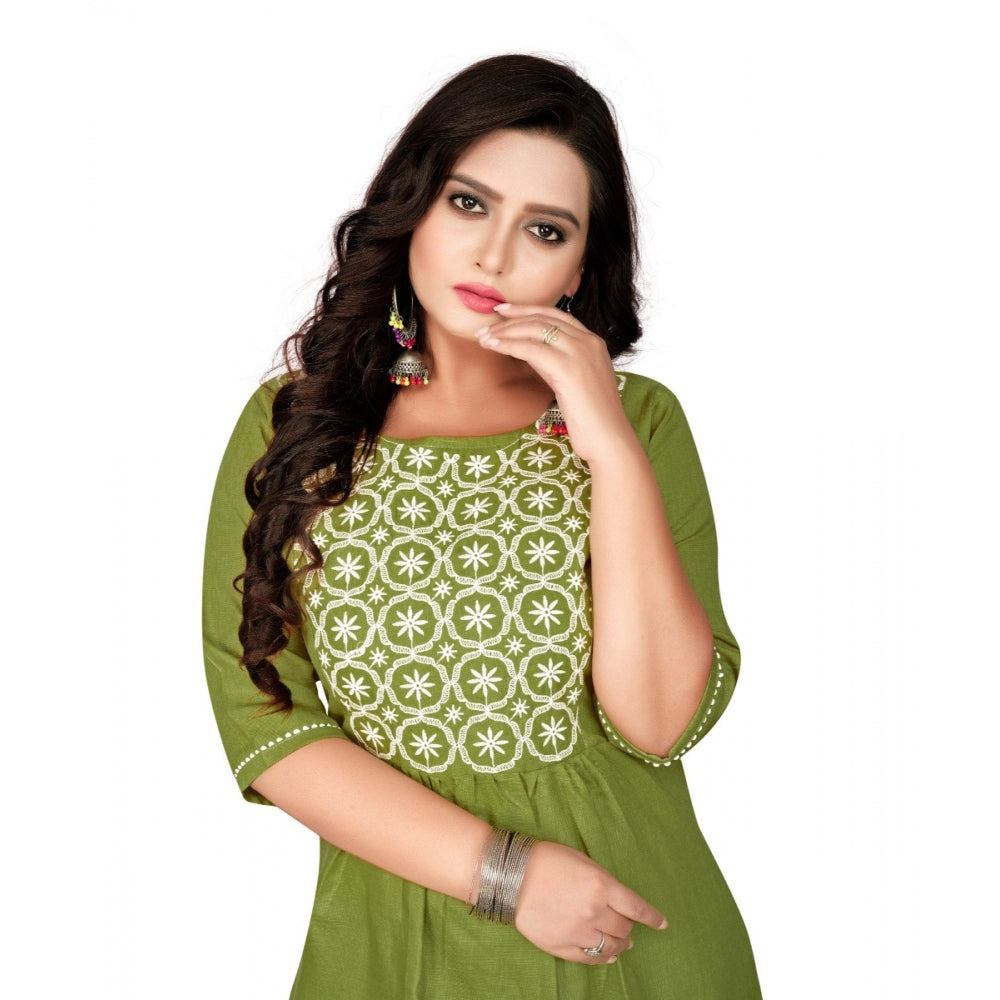 Generic Women's Cotton Embroidery Straight Kurti (Light Green)