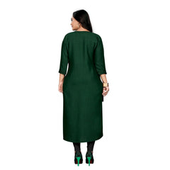 Generic Women's Cotton Embroidery Straight Kurti (Dark Green)