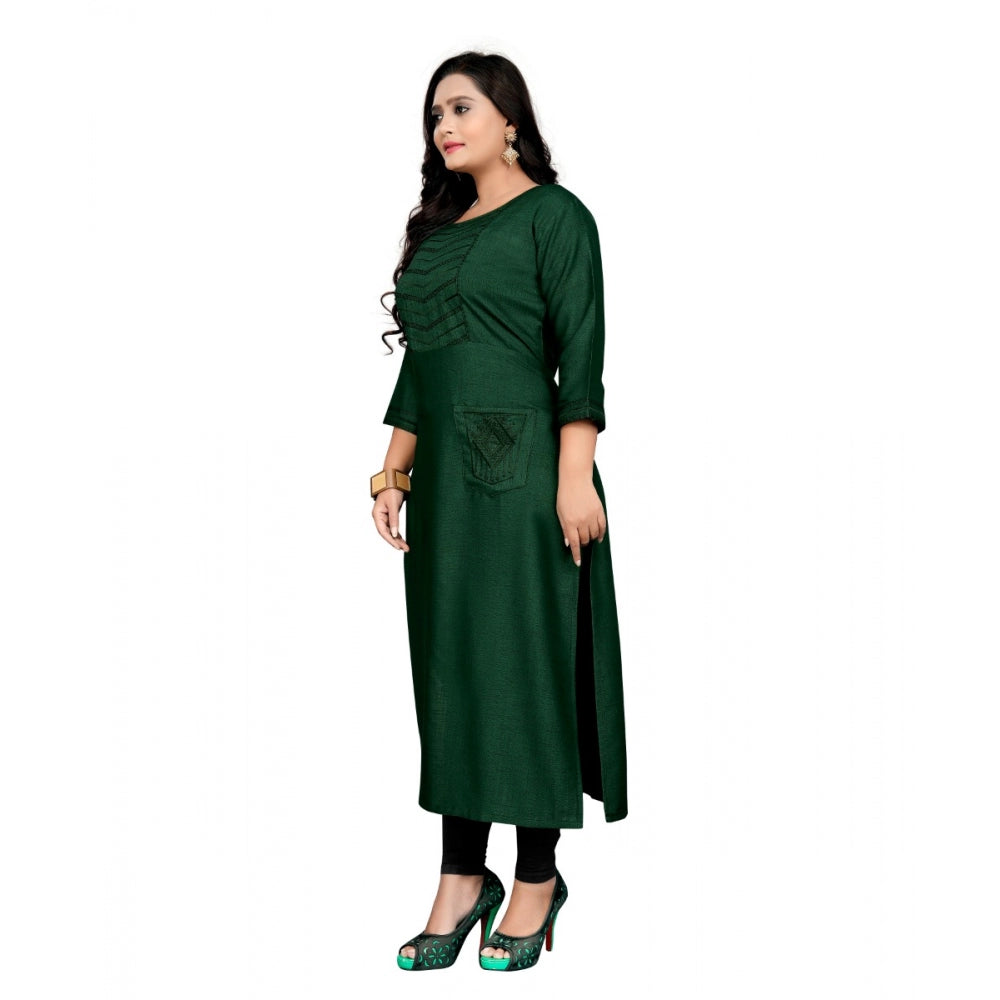 Generic Women's Cotton Embroidery Straight Kurti (Dark Green)