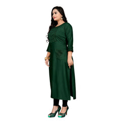 Generic Women's Cotton Embroidery Straight Kurti (Dark Green)